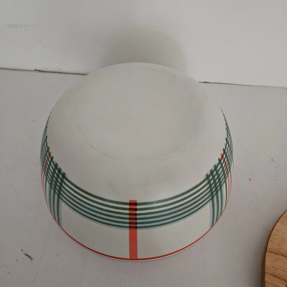 Hearth & Hand Magnolia Plaid Salad Serving Bowl Wood Lid Utensils Red Green